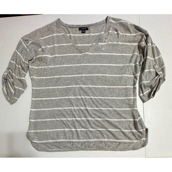 Nautica T-Shirt Roll Tab Sleeve Gray & White Striped V-Neck Logo Cotton Knit XXL - Picture 1 of 8